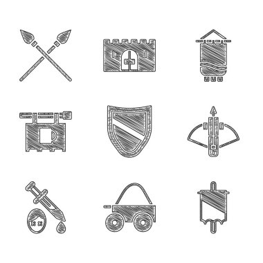Kalkan, tahta dört tekerlek arabası, ortaçağ bayrağı, oklu savaş tatar yayı, kılıç kanı, sokak levhası barı ve çapraz ortaçağ mızrak ikonu. Vektör