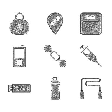 Dumbbell, Fitness Shack, Zıplama İpi, Doping Şırıngası, Konum Salonu, Müzik çalar, Banyo Terazisi ve Kettlebell ikonu. Vektör