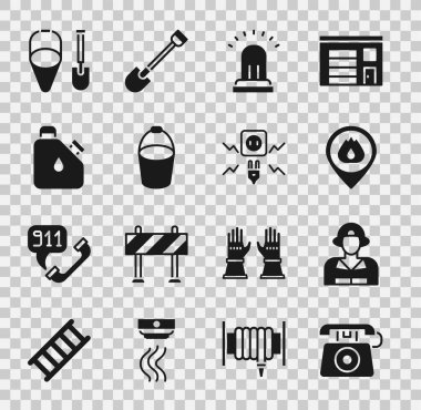 911 'i, itfaiyeciyi, yangın alevinin olduğu yeri, alarm zilini, kovayı, teneke yakıtı, küreği ve elektrik kıvılcımı ikonunu arayın. Vektör