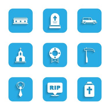 Anma çelengi, konuşma baloncuğu koparılmış ölüm, cenaze vazosu, tırpan, kravat, kilise binası, cenaze arabası ve haç ikonlu tabut. Vektör