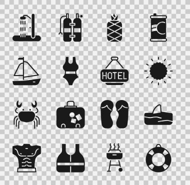 Lifebuoy, köpekbalığı yüzgeci okyanus dalgası, güneş, ananas, mayo, yat yelkenlisi, sahil duşu ve yazılı otel ikonu. Vektör