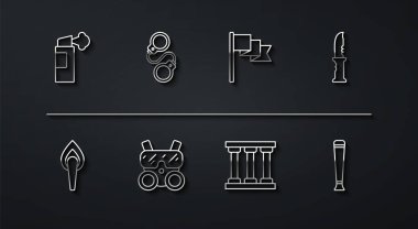 Biber gazı spreyi, meşale alevi, askeri bıçak, hapishane penceresi, gaz maskesi, kelepçe, polis lastik copu ve yer belirleyici ikon. Vektör