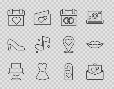 Sabit çizgi düğün pastası, tebrik kartı, takvim, kadın elbisesi, nota lütfen rahatsız edin ve gülümseyen dudaklar ikonu. Vektör