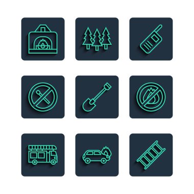 İtfaiye aracı, yanan araba, kaçış, telsiz, kürek, yangın yok, şömine ve ikon. Vektör