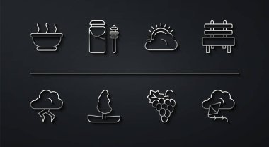 Sıcak çorba, Fırtına, Benç, Üzüm Meyvesi, Ağaç, Kavanoz Balı ve Dipper Çubuğu, Uçurtma ve Güneş Bulutu ikonu. Vektör