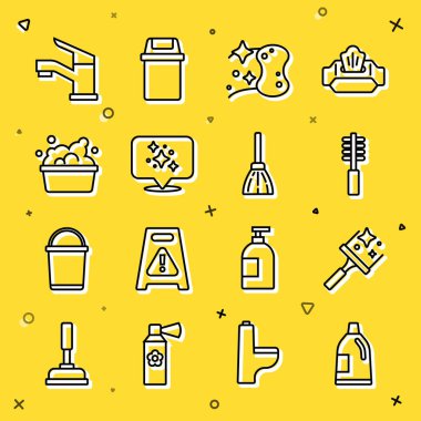 Temizlik malzemesi için şişe, temizleyici pencereler, tuvalet fırçası, sünger, ev servisi, sabun köpüklü leğen, su musluğu ve süpürge ikonu. Vektör