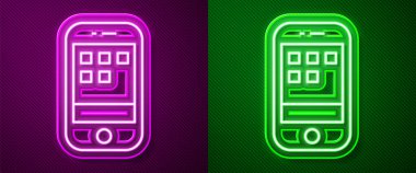 Parlak neon hattı Smartphone, cep telefonu simgesi mor ve yeşil arkaplanda izole edilmiş. Vektör.
