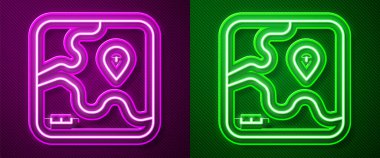 Parlayan neon hattı Afrika safari haritası simgesi mor ve yeşil arkaplanda izole edilmiş. Vektör