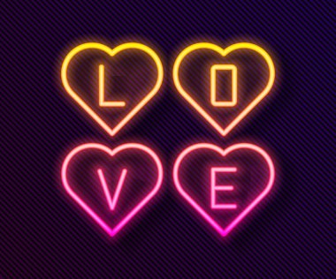 Glowing neon line Love text icon isolated on black background. Valentines day greeting card template.  Vector