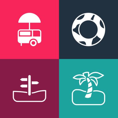 Popüler sanat eserleri tropikal palmiye ağaçları, trafik işaretleri, lastik yüzme halkası ve Fast Street yemek arabası ikonu. Vektör