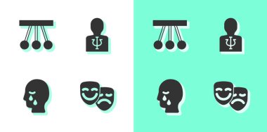 Komedi ve trajedi maskeleri, sarkacı, insan mezarları keder ve psikoloji, Psişik ikonu. Vektör