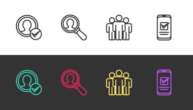 Satır Oluştur Hesap ekranı, Arama için büyüteç, Kullanıcı grubu ve Akıllı Telefon siyah ve beyaz üzerinde. Vektör