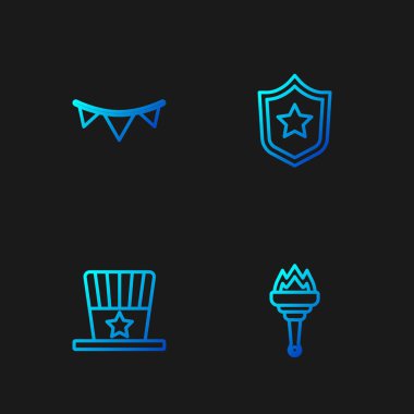 Meşale hattı, vatansever Amerikan silindir şapkası, bayraklı karnaval çelengi ve polis rozeti. Renk simgeleri. Vektör