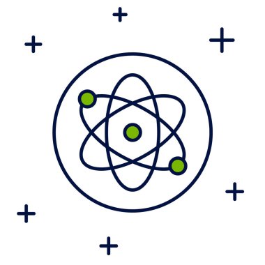 Doldurulmuş Atom simgesi beyaz arkaplanda izole edildi. Bilimin, eğitimin, nükleer fiziğin, bilimsel araştırmaların sembolü. Vektör