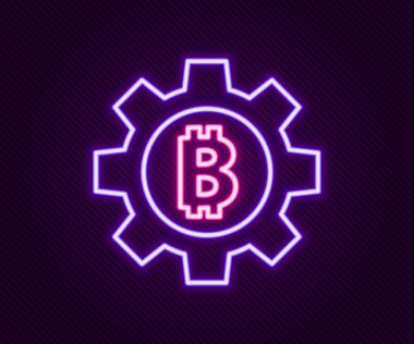 Parlayan neon hattı Kripto para birimi simgesi Bitcoin siyah arka planda izole edildi. Vites ve Bitcoin ayarı. Engelleme zinciri tabanlı şifreli para birimi. Renkli taslak konsepti. Vektör