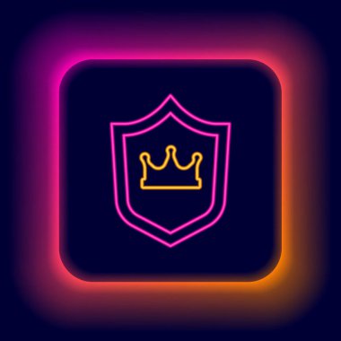 Glowing neon line Shield with crown icon isolated on black background. Colorful outline concept. Vector