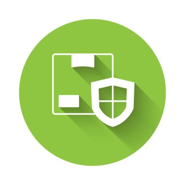 White Delivery security with shield icon isolated with long shadow background. Delivery insurance. Insured cardboard boxes beyond the shield. Green circle button. Vector