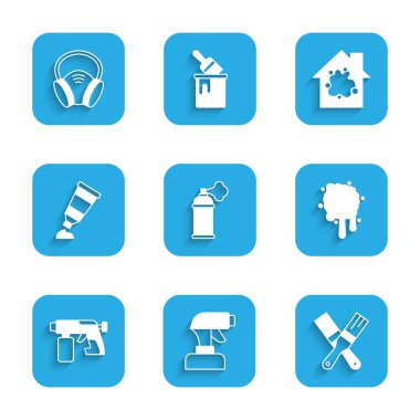 Boya spreyi, silah, fırça, boya paletli tüp, evi boyama ve gaz maskesi ikonu. Vektör