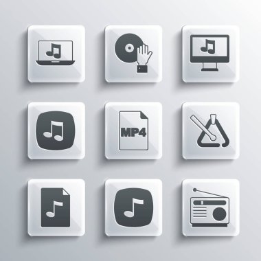 Müzik notası, ton, radyo, üçgen müzik enstrümanı, MP4 dosya belgesi, MP3, dizüstü bilgisayarı ve bilgisayar simgesini ayarla. Vektör