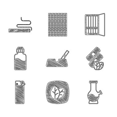 Kül tablasını sigara, tütün yaprağı, nargile, tıbbi nikotin bantları, çakmak, Vape likit şişe, sigara tabakası ve ikon ile hazırlayın. Vektör