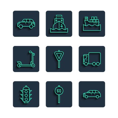 Hat lambası, hız limiti trafiği, Hatchback arabası, kutulu kargo gemisi, trafik levhası, Scooter ve teslimat kamyonu ikonu. Vektör