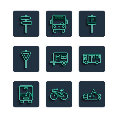 Otobüs, bisiklet, denizaltı, park yeri, karavan, trafik levhası ve simge. Vektör