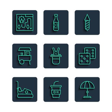 Çizgili çarpışma arabası, su kaplı kağıt bardak, güneş koruyucu şemsiye, havai fişek roketi, sihirbaz şapkası ve tavşanı, Fast Street yemek arabası, lunapark haritası ve Game zar ikonu. Vektör