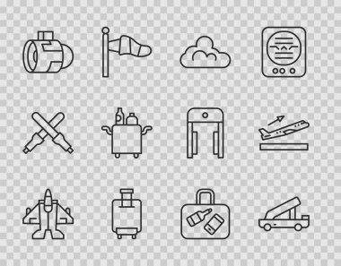 Jet savaş uçağı, yolcu merdiveni, Bulut havası, bavul, motor türbini, yiyecek için Trolley ve kalkış ikonu ayarlayın. Vektör