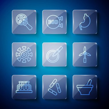 Hat hattı, tüp ve matara, virüs, havan topuzu, insan midesi, pipeti, bakterisi, mikroorganizmaları büyüteç ve rüzgar türbini ikonu altında yerleştirin. Vektör