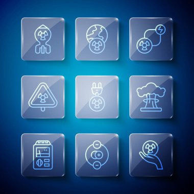 Dozimetre, Atom, Radyoaktif değişim enerjisi, Radyasyon elektrik prizi, Radyasyon Üçgeni, Nükleer bomba ve patlama ikonu ayarlayın. Vektör