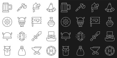 Sıralı kalkan Viking, Viking gemisi Drakkar, iksirli şişe, boynuzlu miğfer, Kafatası, tahta bira kupası ve bayrak ikonu. Vektör