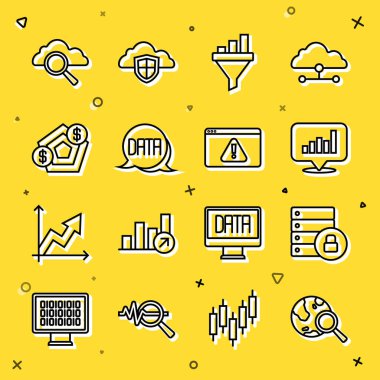 Hat arama küresi, asma kilitli sunucu güvenliği, turta grafiği bilgisi, satış hunisi, veri analizi, finansal büyüme, bulut bilgisayarı ve tarayıcı ünlem simgesini ayarla. Vektör