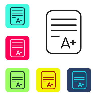 Beyaz arkaplanda A + sınıfı simgesi olan siyah çizgi sınav kağıdı. Sınav kağıdı, sınav ya da araştırma konsepti. Sınav ya da sınav. Renkli kare düğmelerle simgeleri ayarla. Vektör.