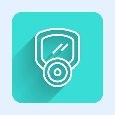 Beyaz çizgi gaz maskesi simgesi uzun gölge arkaplanı ile izole edildi. Solunum cihazı işareti. Yeşil kare düğmesi. Vektör