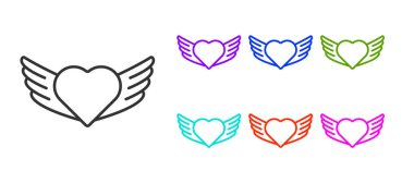 Beyaz arkaplanda izole edilmiş kanat simgesi olan siyah çizgi kalbi. Aşk sembolü. Sevgililer günün kutlu olsun. Simgeleri renklendirin. Vektör