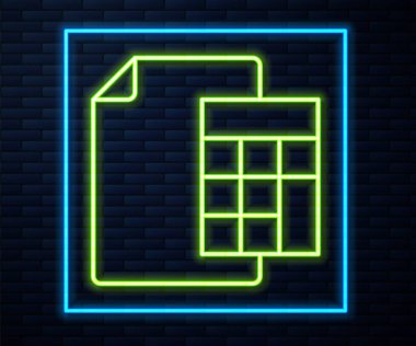 Parlayan neon hattı hesap makinesi simgesi tuğla duvar arka planında izole edildi. Muhasebe sembolü. İş hesaplamaları matematik eğitimi ve finans. Vektör