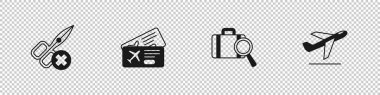 Makas yok, uçak bileti, kayıp bagaj ve uçak kalkış ikonu. Vektör