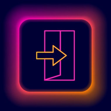 Parlayan neon hattı yangın çıkış simgesi siyah arkaplanda izole edildi. Acil durum ikonunu ateşle. Renkli taslak konsepti. Vektör