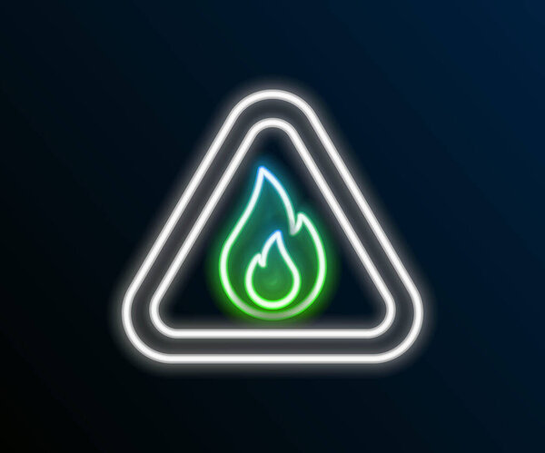 Glowing neon line Fire flame in triangle icon isolated on black background. Warning sign of flammable product. Colorful outline concept. Vector