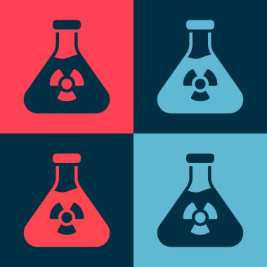 Zehirli sıvı ikonu olan Pop Sanat Laboratuvarı kimyasal deney şişesi renk arkaplanında izole edilmiş. Biyolojik tehlike sembolü. Radyasyon ikonu olan tehlikeli bir sembol. Vektör