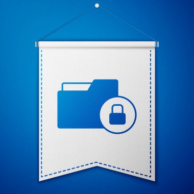 Mavi Dizin ve kilit simgesi mavi arkaplanda izole edildi. Kapalı dosya ve asma kilit. Güvenlik, güvenlik, koruma kavramı. Beyaz flama şablonu. Vektör