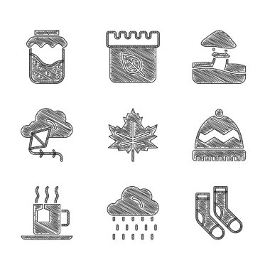 Yaprak ya da yaprak, yağmurlu bulut, çorap, kış şapkası, çay poşeti, uçurtma, mantar ve reçel kavanozu ikonu. Vektör