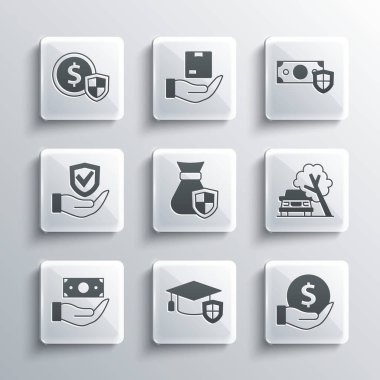 Mezuniyet şapkasını kalkan, para devrilen ağaç, çanta, elinde kalkan ve ikon tarafından hasar gören araba ile ayarla. Vektör