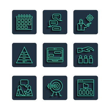 İkinci hatta oturan adamlar konuşuyor, oklu hedef, tarayıcı dosyaları, pazarlama hedef stratejisi, bilgisayardaki sohbet mesajları, piramit grafikleri, takvim ve patron çalışan simgesi. Vektör