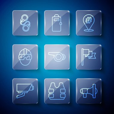 Hat güvenlik kamerası, kurşun geçirmez yelek, megafon, protesto, ıslık, özel kuvvetler askeri, kelepçeler ve yer belirleyici ikon. Vektör