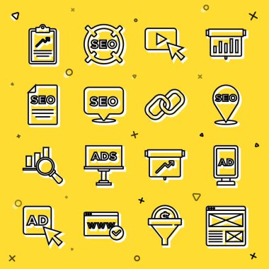 Satır Tarayıcı penceresi, Reklamcılık, SEO optimizasyonu, grafik grafikli pano ve zincir bağlantı simgesini ayarla. Vektör