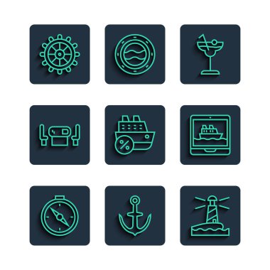 Pusula, Çapa, Deniz feneri, Kokteyl, Yolcu gemisi, Poker masası, Ship direksiyon ve ikon. Vektör