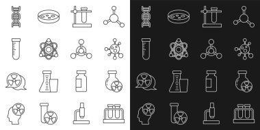 Çizgi Test tüpü ve matarası, radyasyon, molekül, stand, Atom, DNA sembolü ve ikonu ayarla. Vektör