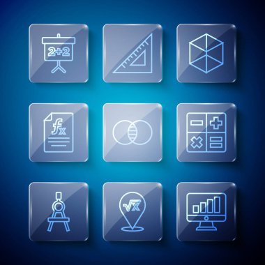 Çizgi Çizim pusulası, grafik grafikli bilgisayar monitörü, Geometrik şekil kübü, Matematik kümeleri A ve B, Fonksiyon matematiksel sembolü, karatahta ve hesap makinesi simgesi. Vektör