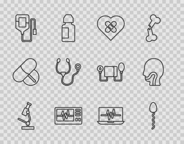 Mikroskop, sperm, iyileşmiş kırık kalp, kardiyogramlı monitör, serum, stetoskop, dizüstü bilgisayar ve boğaz ağrısı ikonu. Vektör